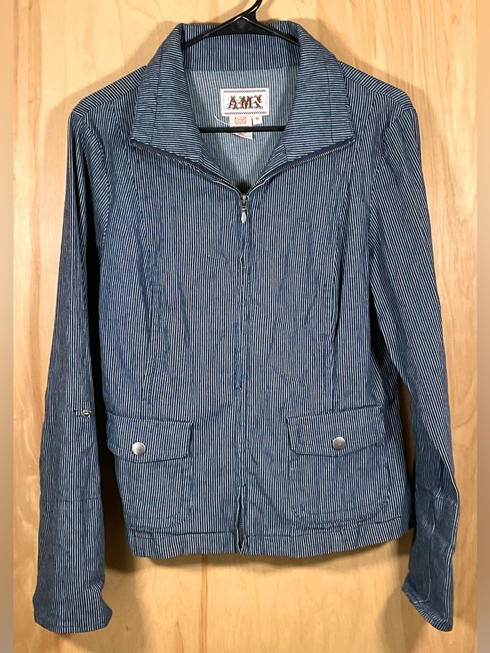 AMI Blue & White Pinstriped Denim Jacket with Roll-Snap Sleeves - EUC